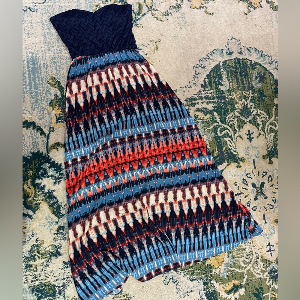 Juniors size M strapless maxi dress blue flowy lightly padded chest